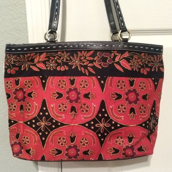 Isabella Fiori Beaded Sequined Canvas Leather Black Red Handbag Tote Bag - Picture 4 of 16